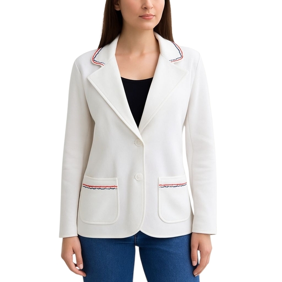 Vintage Ko Ko Knits White Knit Blazer with Red & Navy Trim Medium (8-10) - Picture 1 of 10